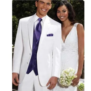 

white suits for men Slim Fit White Best Man Groomsman Men's WeddingProm 3 Piece Suits Groom Tuxedos