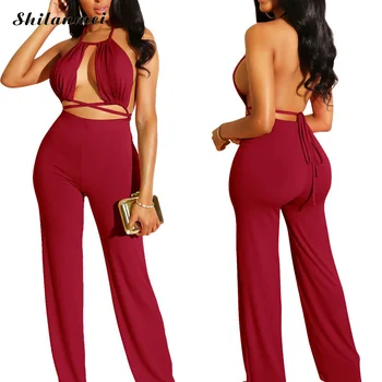 

Fashion Slim Solid Jumpsuit Women Sexy Women Rompers Halter Backless Straight 2019 Summer Festival Party Club Jumpsuit