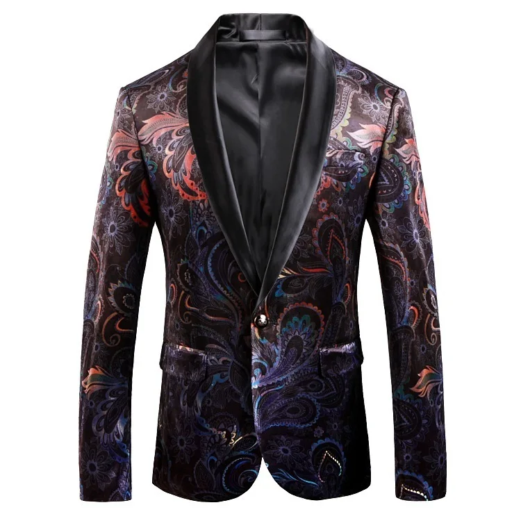 lapela impressão de veludo blazer fino ajuste