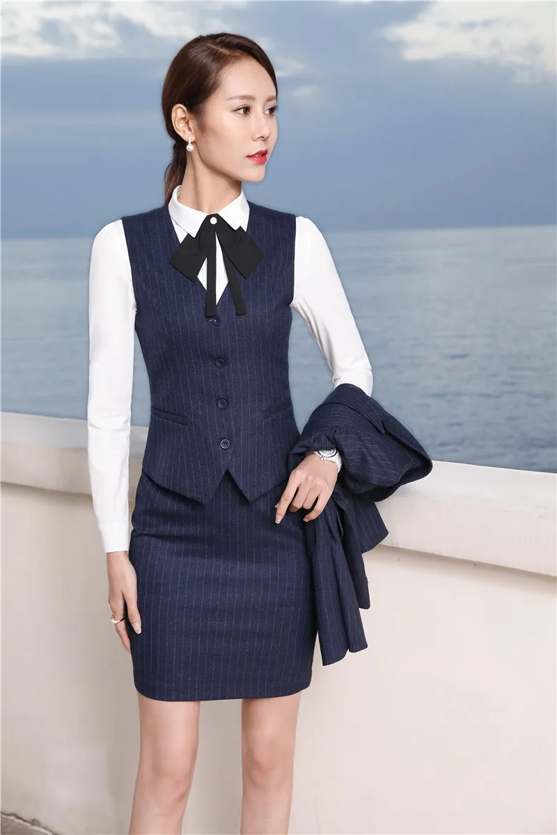 Fashion Striped Blazers Suits With 2 Piece Skirt and Vest Coat