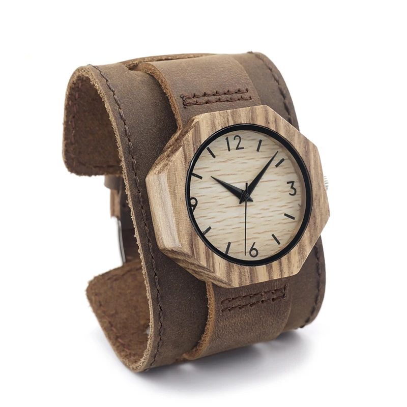 BOBO BIRD Zebra Wooden Quartz Men's Watch Octagon Design Soft Leather Strap Men Women Luxury Bamboo Dial for Unisex