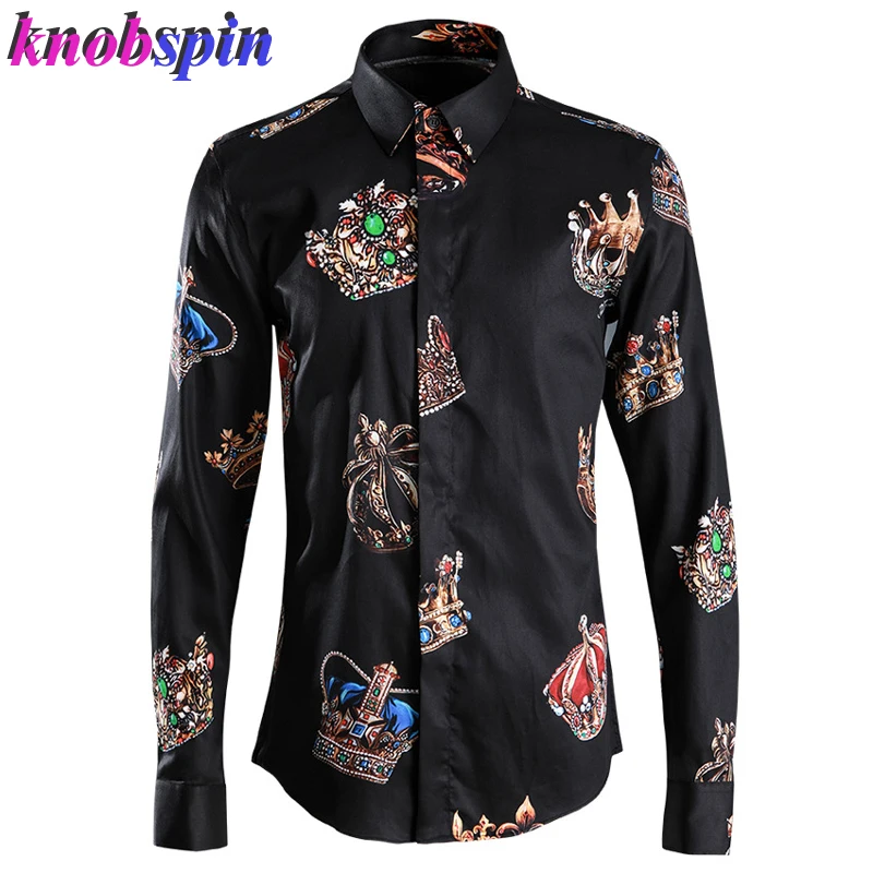 

Brand Men Shirt 2019 long sleeve Crown Print Pure Cotton Chemise homme Casual Slim shirts male Plus size Business male clothes