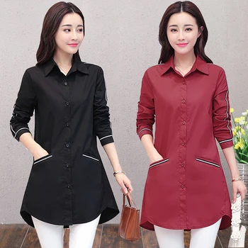 

Women's Loose Plus Size Blouses Shirts Long Sleeve Plus Size Tops Lapel Female Long section Shirt Casual Clothing Fashion