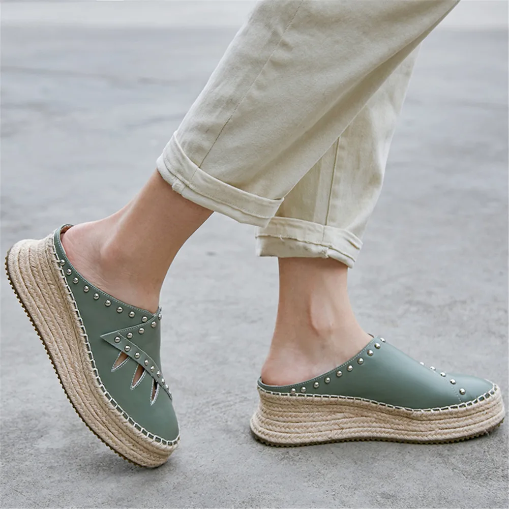

Fashion women's Genuine Cow Leather Rivet Lady Mules Wedges High Heels Shoes Woman Leisure Soft Autumn Slippers 2019