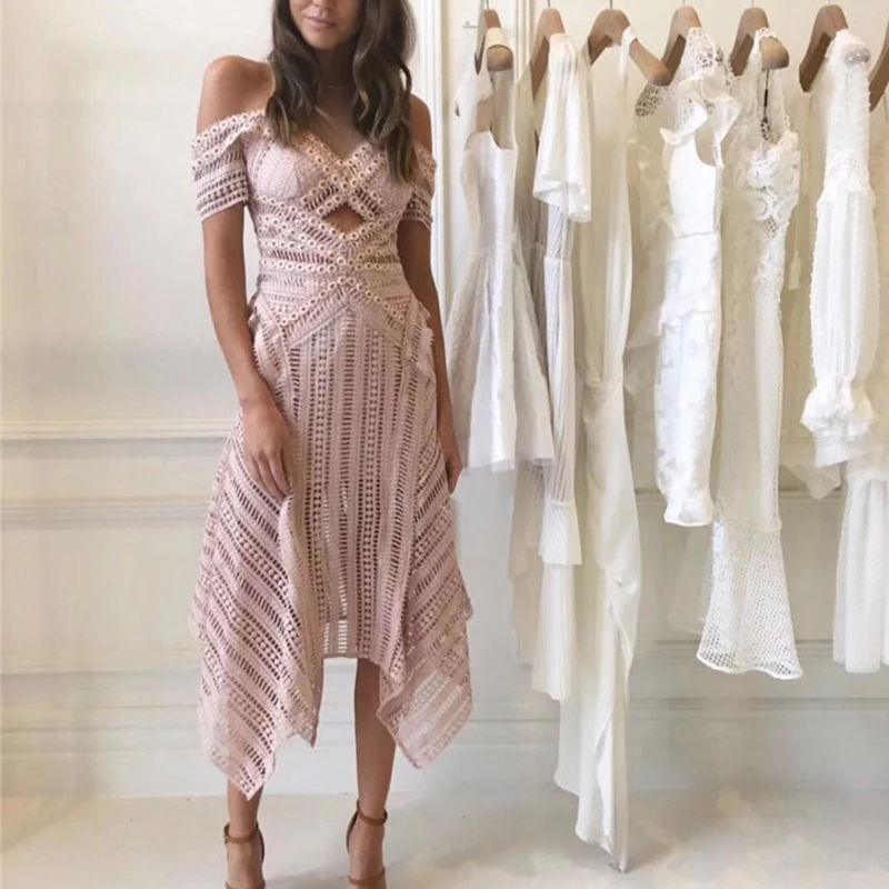 

Summer Off Shoulder Dress Elegant Runway Long Hollow Out Sexy Spring Dress Women Backless Long Midi Dresses Black/Pink Z0810