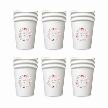 

48pcs Wedding Party Disposable Cups Tableware Flowers Rings Thank You Printing Juice Cups Party Decorations FDA Certificate