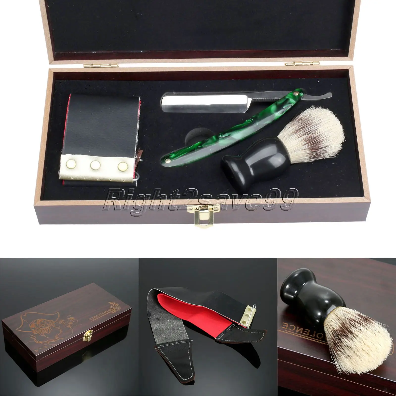 Новое поступление 4 в 1 мужской парикмахерский бритвенный набор прямая бритва+ кожаный ремешок+ щетка для бритья+ деревянная коробка для подарочный набор для мужчин