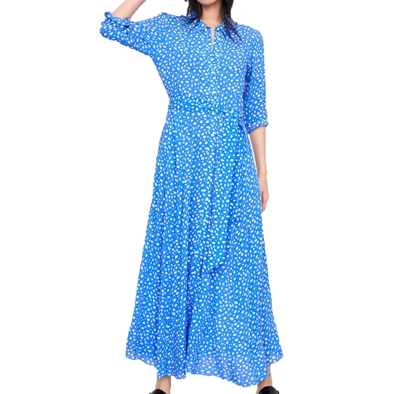 

Summer dress 2019 casual blue dress women lace-up maxi dress print womens clothing long shirt dress vestidos