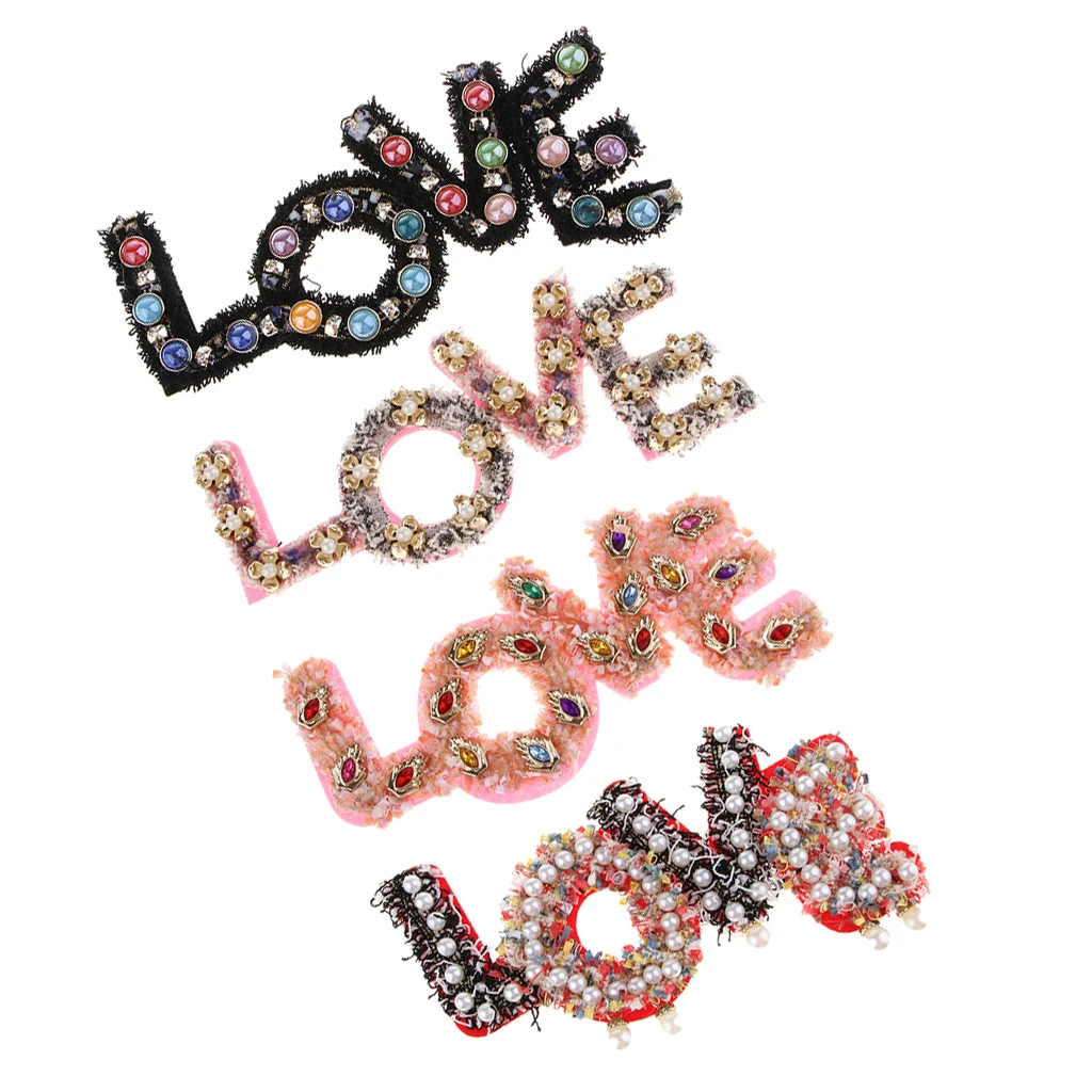 1 Set /4 Letters Crystal Pearl Beads Patches LOVE Style Clothes Embellishments Applique Decorations for Repair/Design