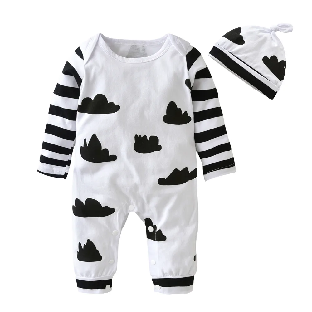 Стильный комплект одежды для младенцев, Осенний комбинезон для младенцев мальчиков девочек, комбинезон с длинными рукавами и рисунком+ шапочка, 2 предмета, Одежда для новорожденных и малышей