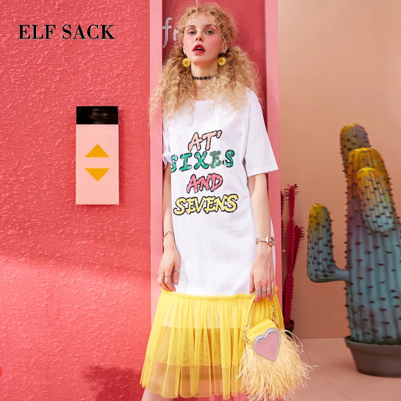 

ELF SACK Mesh Patchwork Women Party Dress Fashion Letter Print Casual Female Holiday Dresses 2019 Summer Vintage Pleated Dress