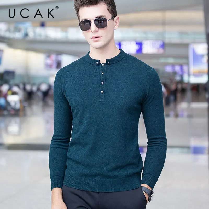UCAK Brand Merino Wool Sweater Men Autumn Winter Cashmere Sweaters Streetwear Button Small Collar Pull Homme Pullover Men U3027 UCAK Brand Merino Wool Sweater Men Autumn Winter Cashmere Sweaters Streetwear Button Small Collar Pull Homme Pullover Men U3027