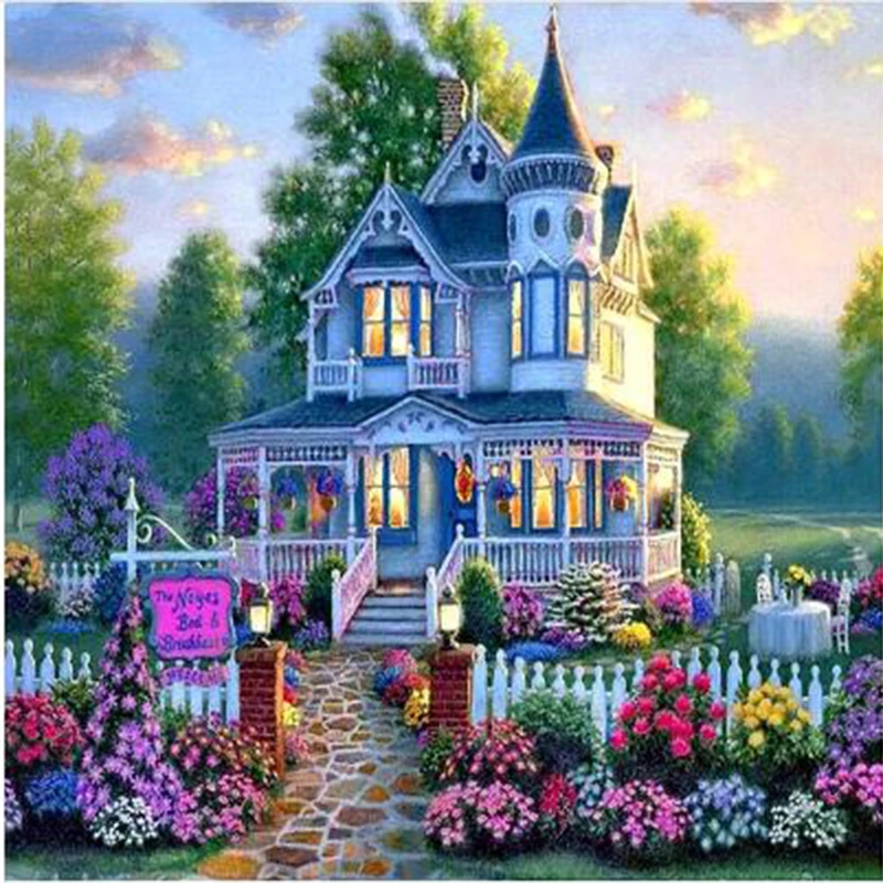 

5D Needlework Embroidery Diamond Painting Cottage Villa ful Square &Round Picture Cross Stitch Round Rhinestone Room Decoration