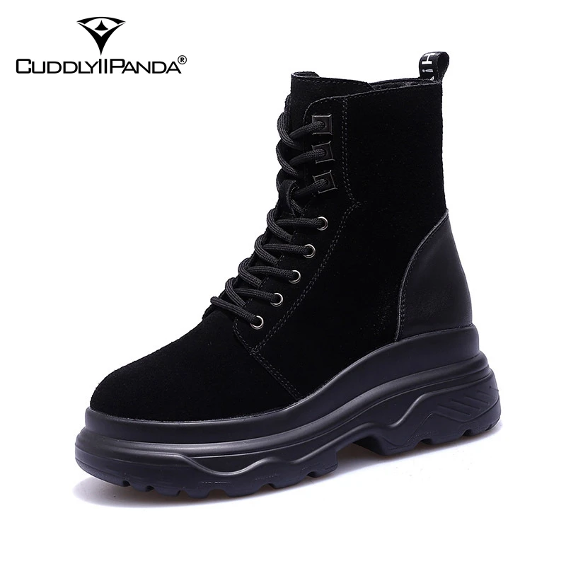 

CuddlyIIPanda Women Fashion Ankle Boots Genuine Leather Cow Leather Martin Boots Autumn Winter Warm Motorcycle Boots Botas Mujer