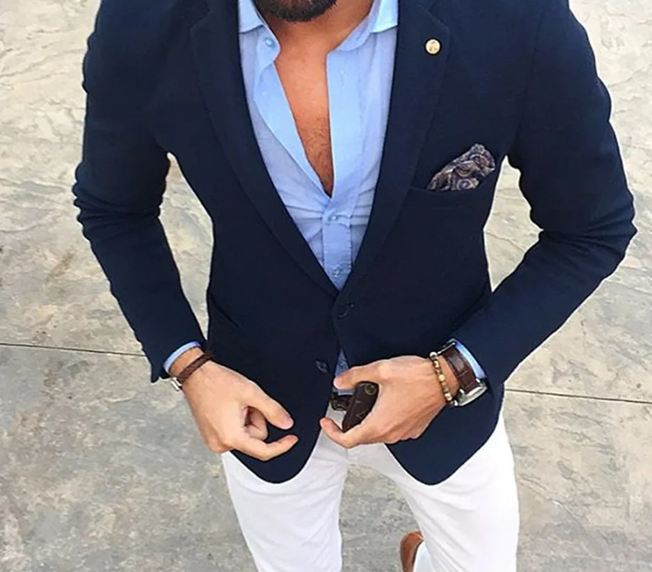 Abrigo azul marino con pantalón blanco para hombre, traje informal para boda, 2 piezas, esmoquin para novio, trajes ajustados para graduación (chaqueta + Pantalones + corbata) - AliExpress Ropa hombre