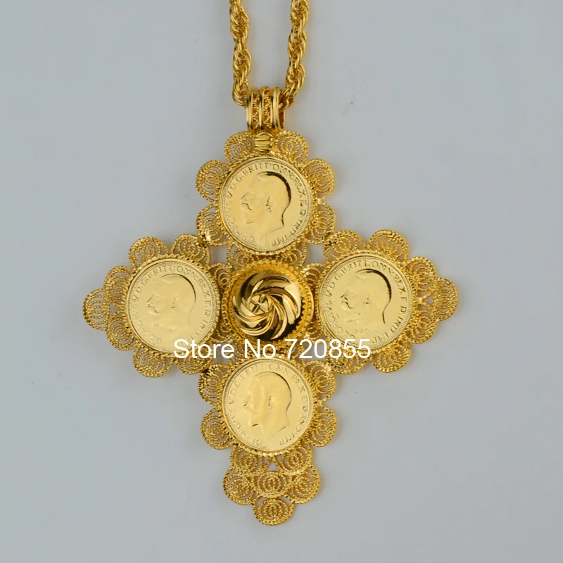 Ethiopia Big Coin Pendant Necklaces Women Real Gold Plated Jewelry Africa Crosses Ethiopian Cross Eritrea Necklaces