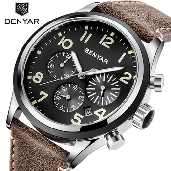 

BENYAR 5138M Top Brand Luxury Men Business Leather Watch Army Military Chronograph Watch Male Quartz Wrist Watch Erkek Kol Saati