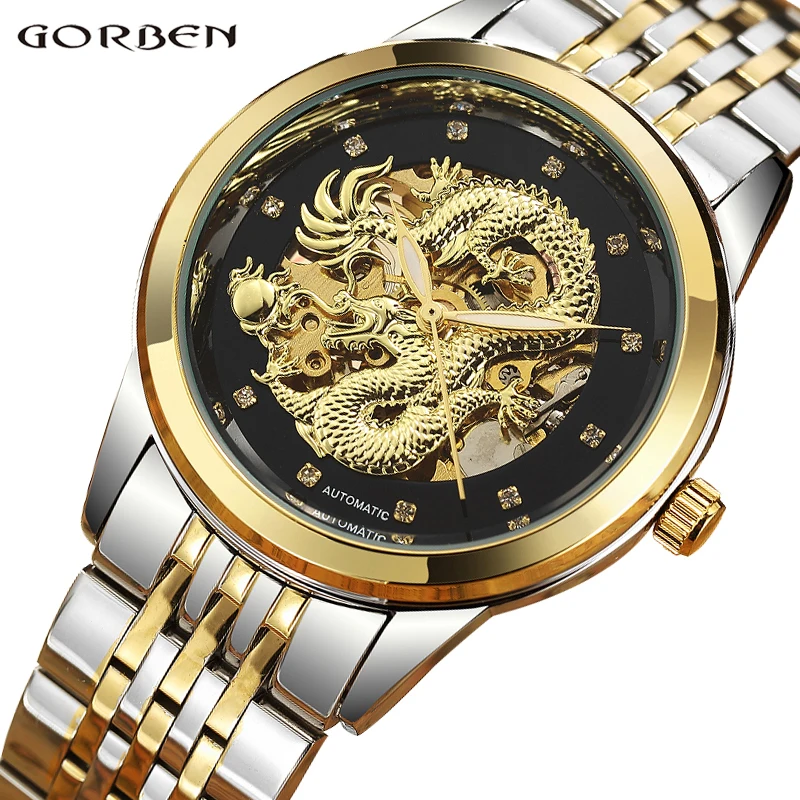 

Luxury Skeleton Automatic Mechanical Dragon Watches For Men Wrist Watch Stainless Steel Strap Gold Man Clock Waterproof relogio