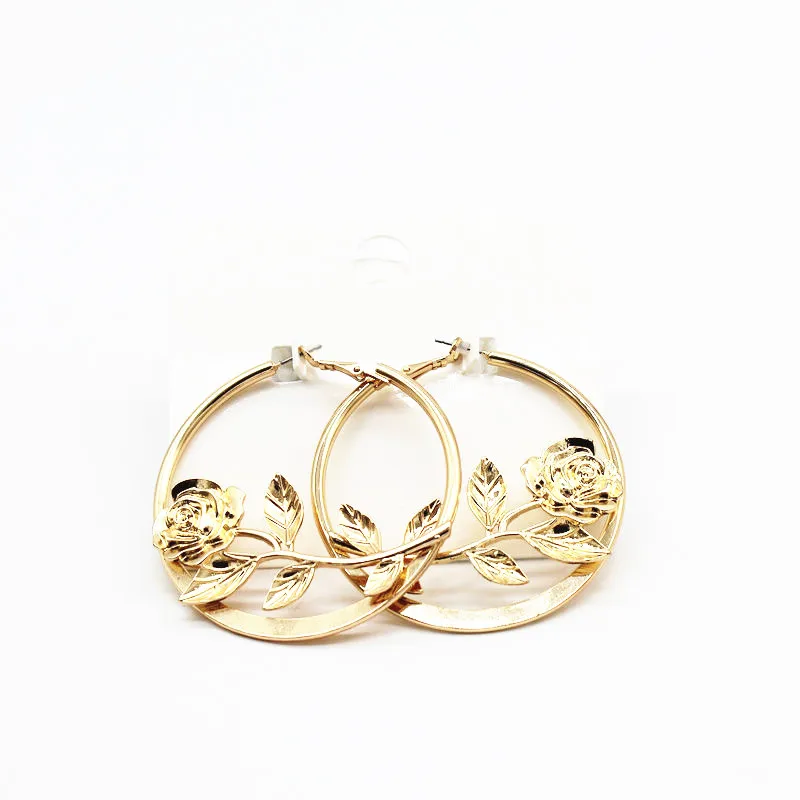 Дизайн круг цвет золотой Relievo Роза ругоза серьги-кольца для женщин большой цветок обручи рок-н-ролл серьги в стиле хип-хоп