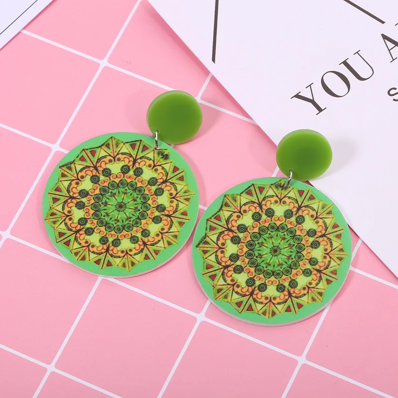 

New Women Fashion Jewelry Green Acrylic Round Geomeric Print Stud Earrings