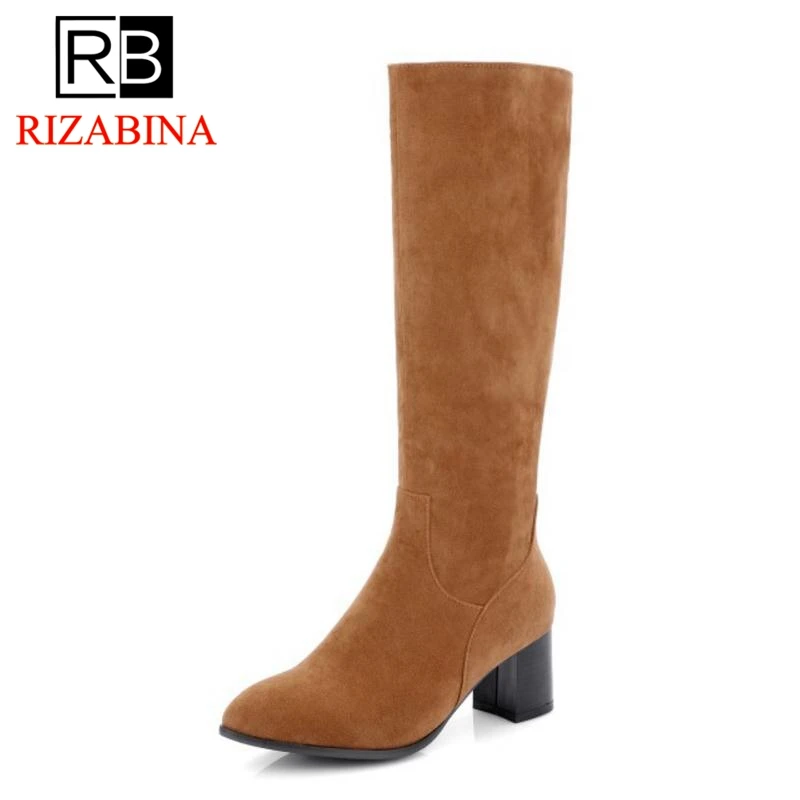 

RizaBina Plus Size 32-46 Sexy Women High Heels Boots Zipper Warm Fur Shoes Women Winter Mid Calf Boots Office Ladies Shoes