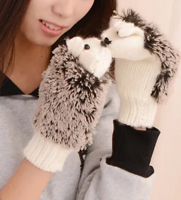

LEDINGSEN Autumn Winter Thicker Knitted Gloves For Women Cartoon Cute Hedgehog Hand Warm Fleece Mitten Ladies Accessories