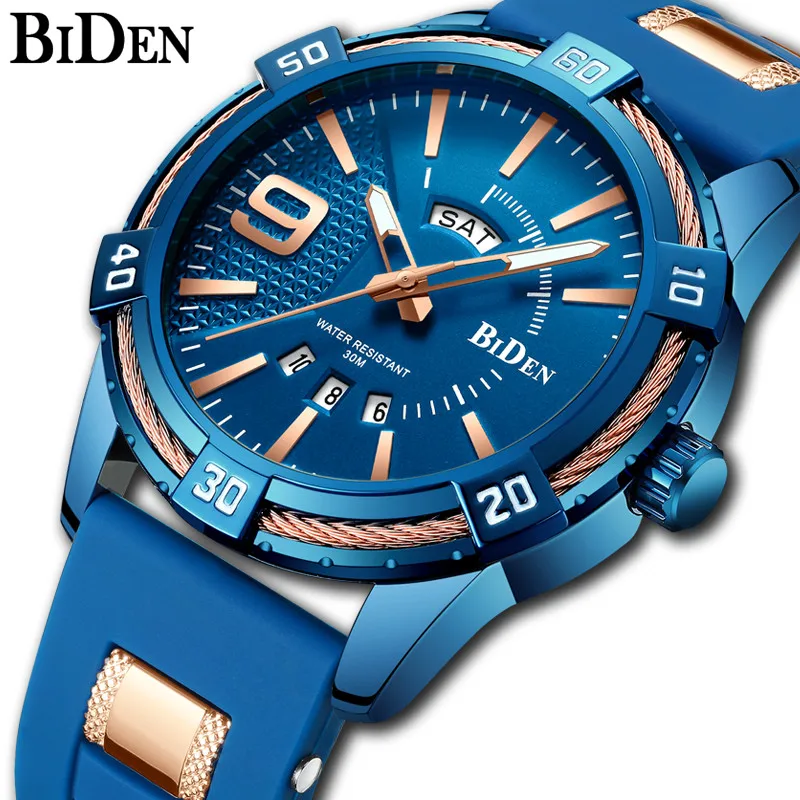 

Fashion Luxury Watches Men Week Date Sports Military Royal Blue Gold Silicone Strap Waterproof Quartz Wristwatches Clock Relogio