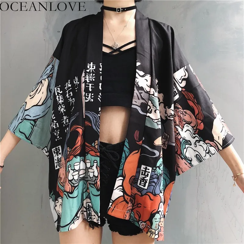 Женское японское кимоно OCEANLOVE Harajuku с принтом Chimono летняя блузка для косплея юката