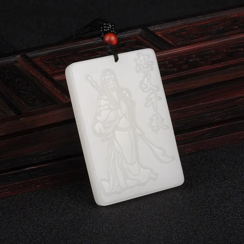 

Natural White Hand-carved Chinese Hetian stone Guan Yu Pendant + Rope Necklace