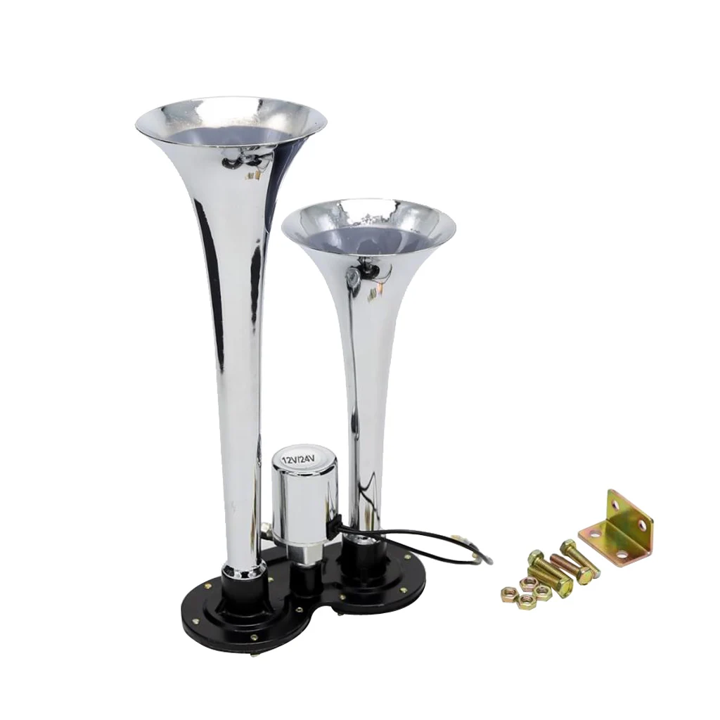 12V/24V DC Dual Trumpet Air Horn Compressor Kit Super Loud 150db Car Truck RV Boat Train Air Horn 29.5cm Silver