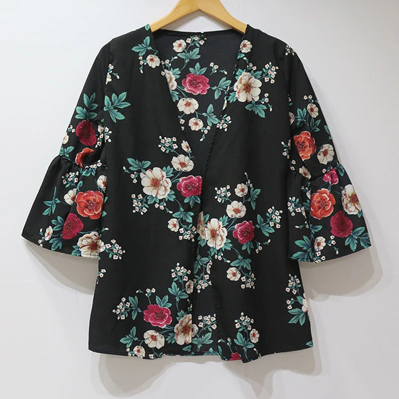 Women Floral Printed Length Sleeve Chiffon Blouses Autumn Tops Kimono Open Front Three Quarter Flare Sleeve Women 2 Colors