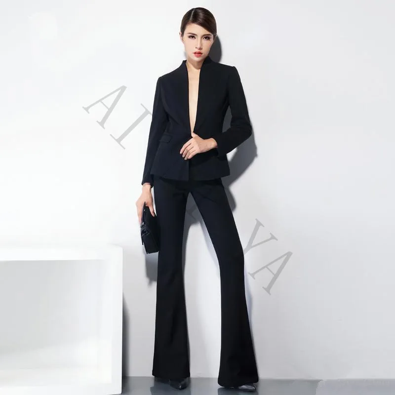 

Spring Women's Leisure Suit Soild Color Suit Jacket And Bell-bottomed Pants Black Mandarin Collar Female Office Uniform Suit