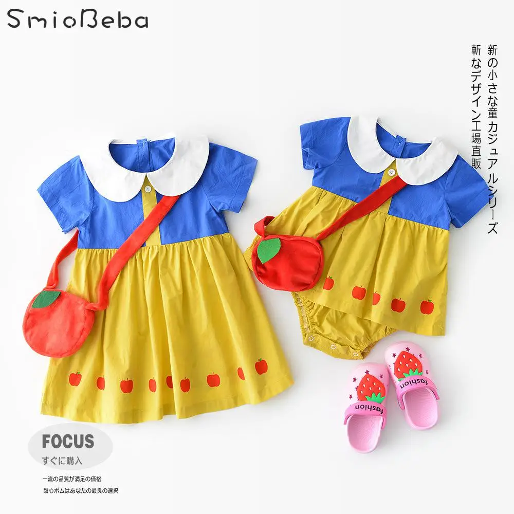 

Sister Cosplay Baby Rompers Dress Sets Collar Print Apple Triangle Crawling Suit Buttercoat Romper Dresses Jumpsuit for Children