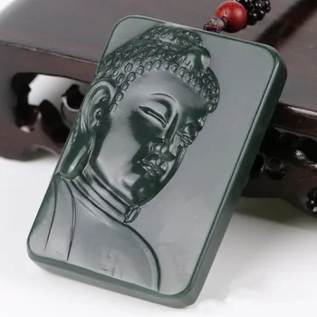 

100% Natural Green Real Hetian Stone Pendant Carved Shakyamuni Gautama Buddha Head Pendant Necklace Men's Jewelry Free Rope