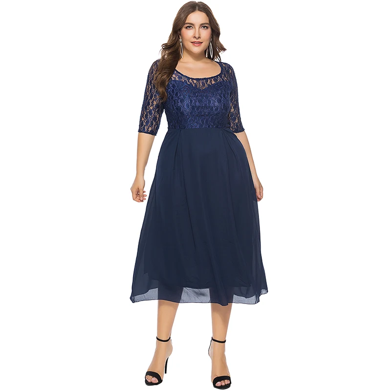 

Women Lace Dress Chiffon Half Sleeves High Waist A-Line Elegant Party Dresses female Casual Midi Dress Plus Size 3XL 4XL 5XL 6XL