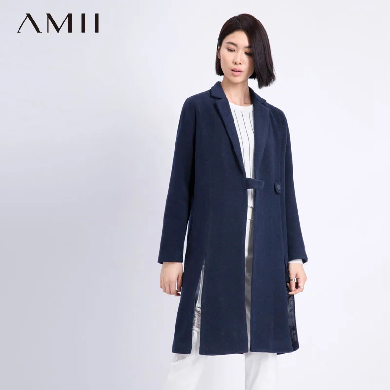 

Amii Casual Women Woolen Coat 2017 Winter Solid Single Button Slits Female Wool Blends