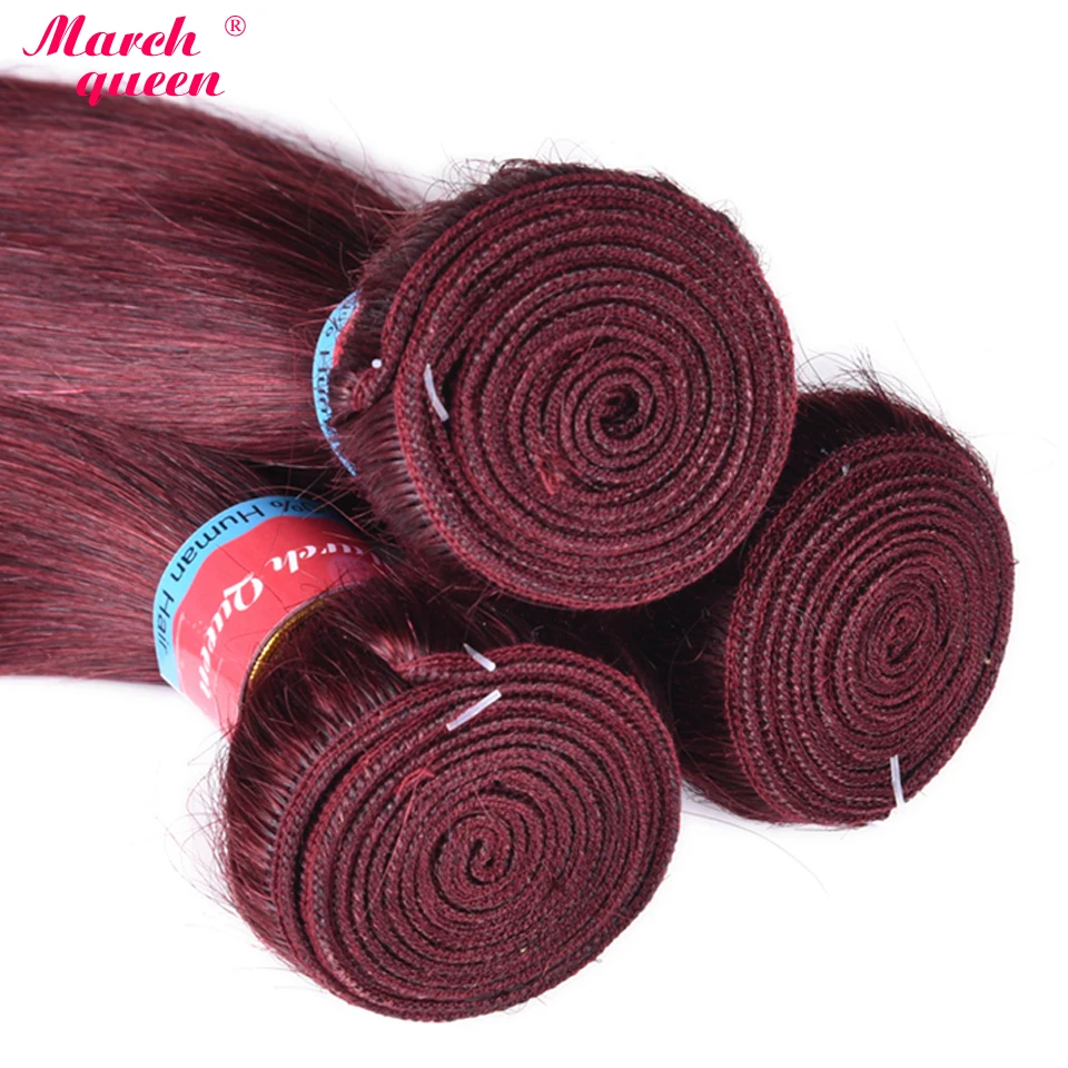  March Queen Mongolian Straight Hair Bundles With Closure #99J Red Wine Color Human Hair Weave 3 Pie