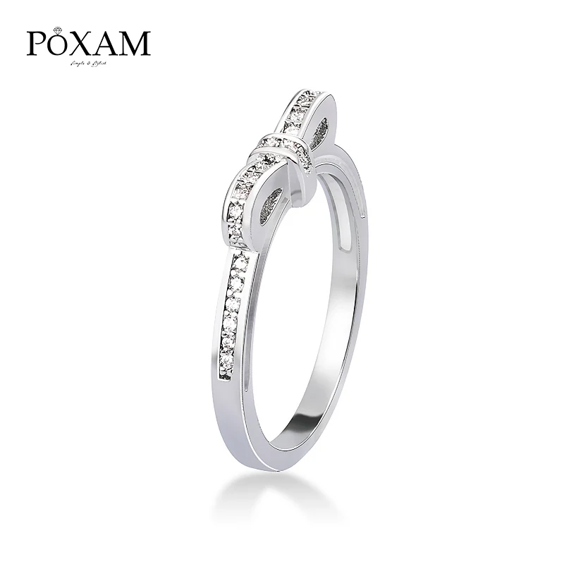 

POXAM Luxury Romantic Female Engagement Crystal Ring Dainty Jewelry Statement Fashion Wedding Party Silver Bow Rings for Women