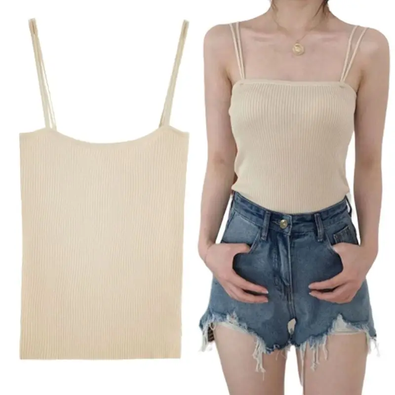 Korean Minimalist Women Sleeveless Ribbed Knit Vest Double Spaghetti Straps Plain Solid Color Camisole Casual Slim Tube Tank Top
