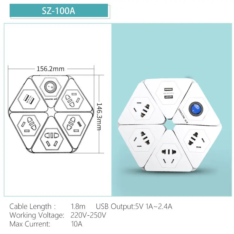 SAMZHE Power Strip Socket Portable Strip Plug Adapter with 3 USB Port Multifunctional Smart Home Electronics - Цвет: SZ-100A