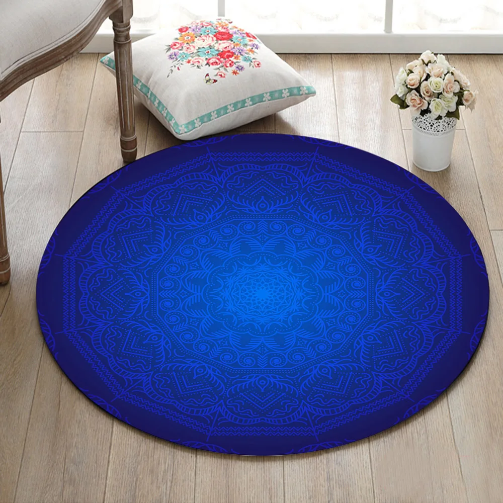 

Indoor Round Living Room Floor Area Mat Children's Room Cushion Bathroom Non-Slip Carpet Study Door Rug Delicate Mandala In Blue
