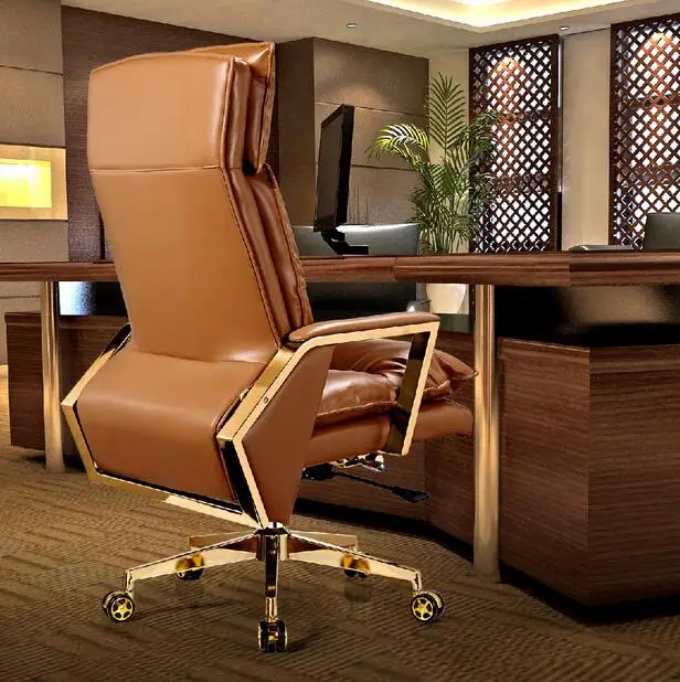 Gold leather boss chair Can lie at the noon hour home office chair The ergonomics of large swivel