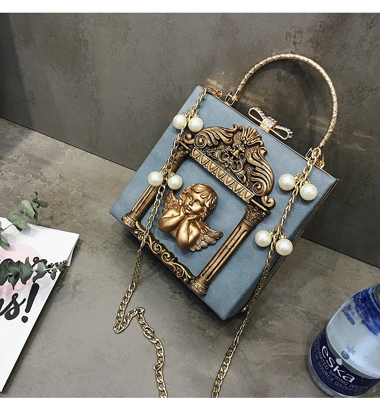Роскошная модная Амура коробка с наклейками форма искусственная кожа жемчужная цепь сумка на плечо вечерние сумки женская сумка через плечо