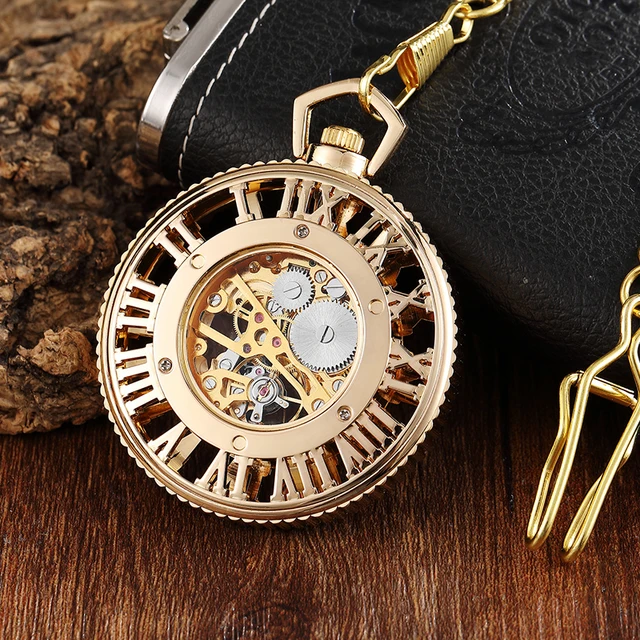 Luxury Mechanical Pocket Watch Hollow Gold Color Roman Numerals Fob Chain Clock Luxury Mechanical Pocket Watch Hollow Gold Color Roman Numerals Fob Chain Clock