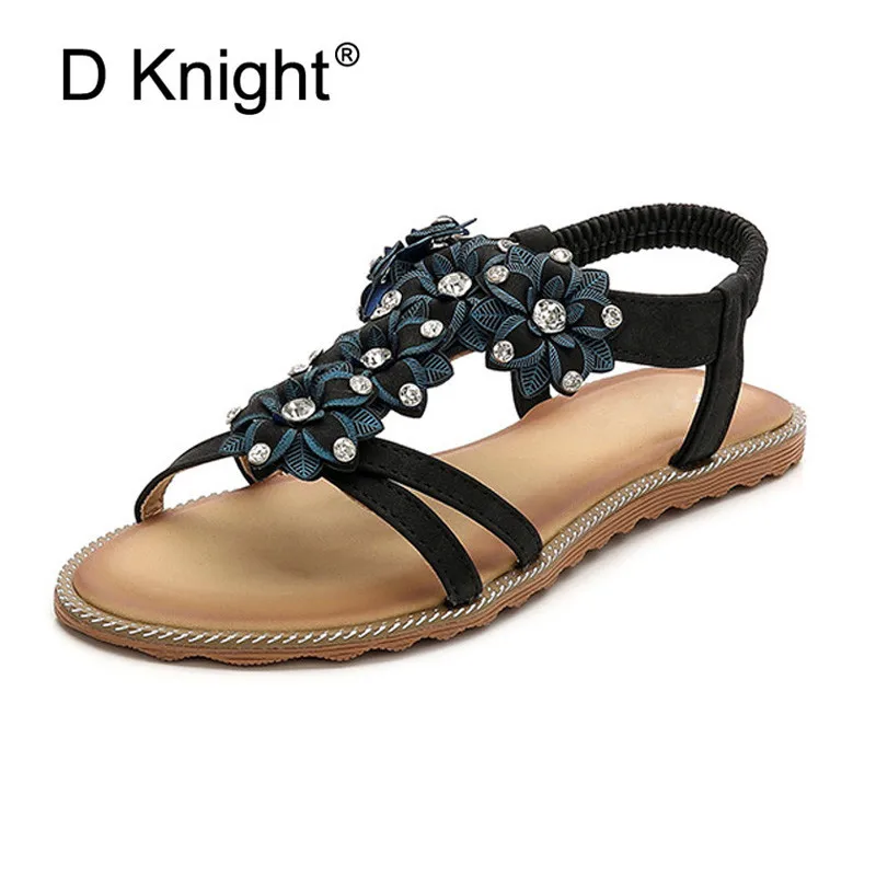 

Shoes Women Summer Bohemian Sandals Roman Crystal Sandals For Beach Woman Flowers Black Sandals for Ladies 2018 Designer Shoes