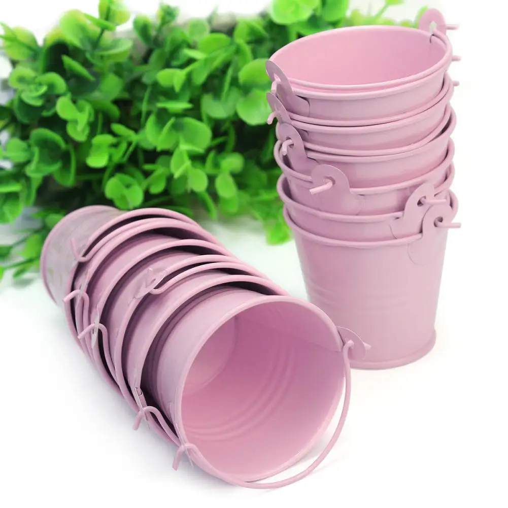 12pcs Cute Pink Mini Metal Bucket Chocolate Favors Tin Pails Keg Gift Candy Box Wedding Party