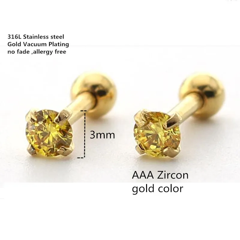 Titanium Gold color Plated Screw Stud Earrings With Mini 3mm Gold AAA