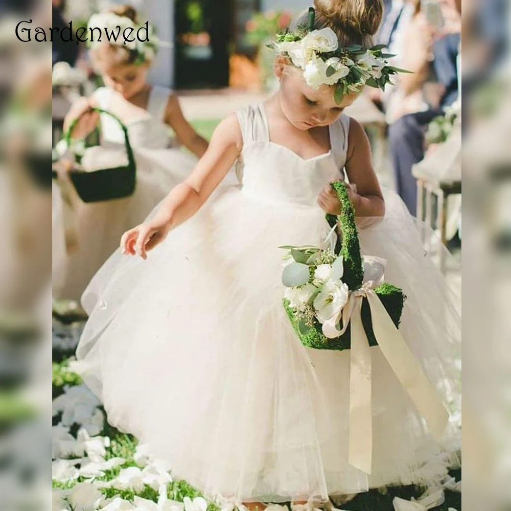 

Wide Straps Cute Ball Gown Tulle Flower Girls Dresses 2019 New Elastic Band Back Adjustable Communion Dresses Vestidos Primera