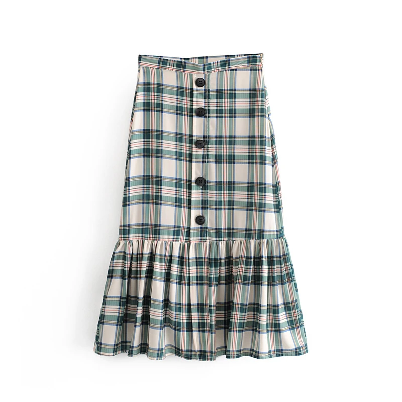 

Chu Sau Beauty Womens Skirts Vintage New Casual Cotton And Hemp Single-row Button Streetwear Plaid Skirt Faldas Mujer