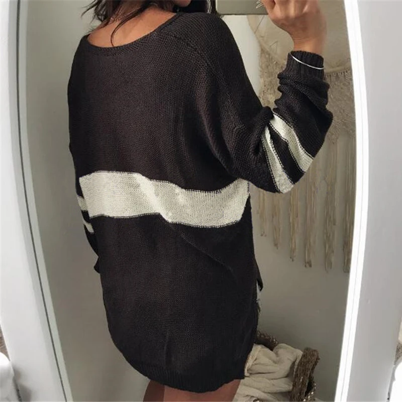 Autumn and Winter Sweater Women Long-sleeved Loose Pullover Sweater Female Stitching V-neck Sexy Sweater Striped Print Pullover Sweaters